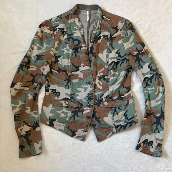 Free People Camo Army Cotton Fitted Blazer Jacket - Picture 4 of 15